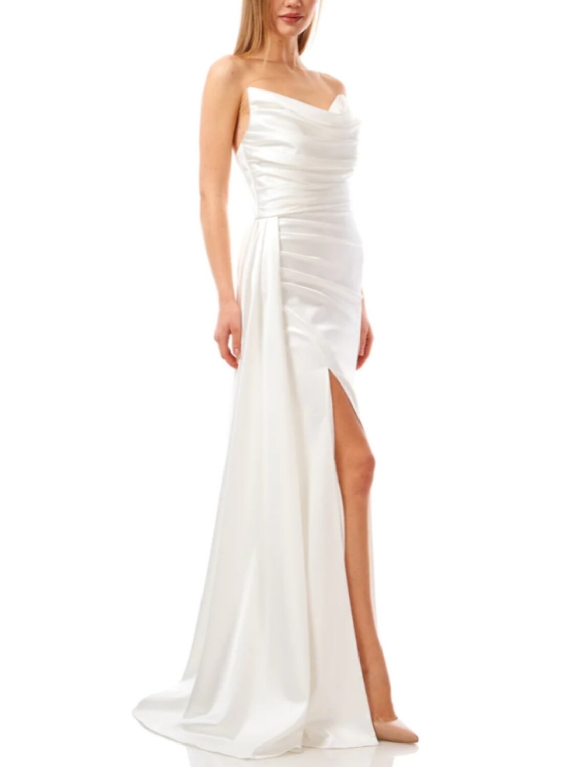 Abito da sera a trapezio, elegante, formale, con strascico a ruota, senza maniche, senza spalline, in raso con pieghe, arricciato e spacco